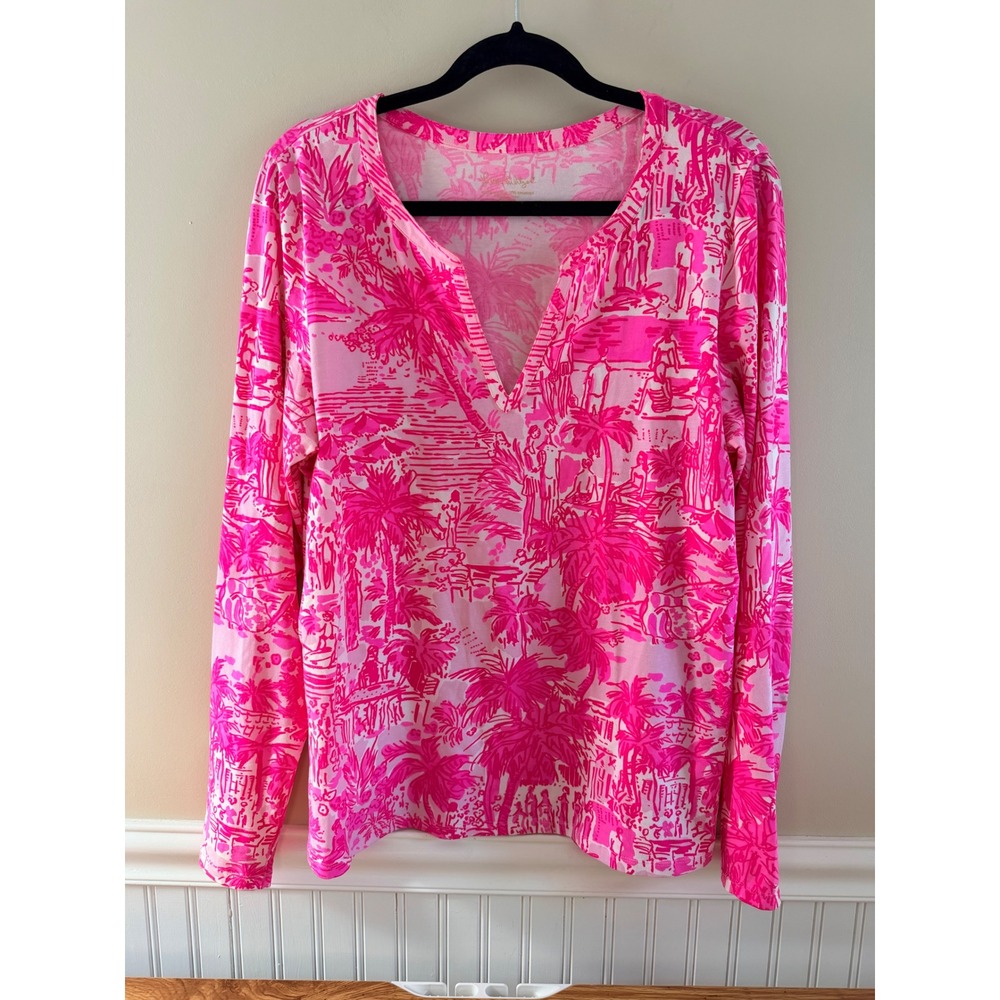 Lilly Pulitzer Kayleigh V-Neck Top Pink Tropical Beach Print Long Sleeve XL